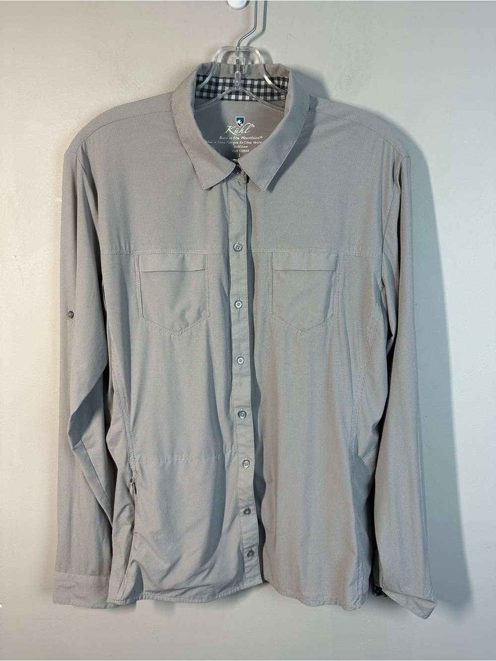 Kuhl Women’s Ezra Grey Button Down Shirt Size L Outdoor Gorpcore Hiking